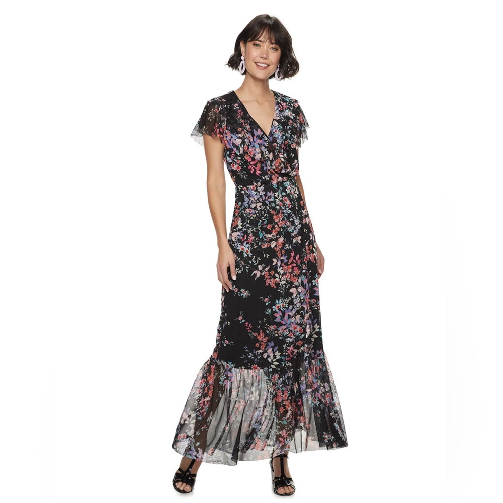 Apt 9 Ruffle Wrap Dress in Black Pink Floral size Small Faux Wrap Flutter Sleeve